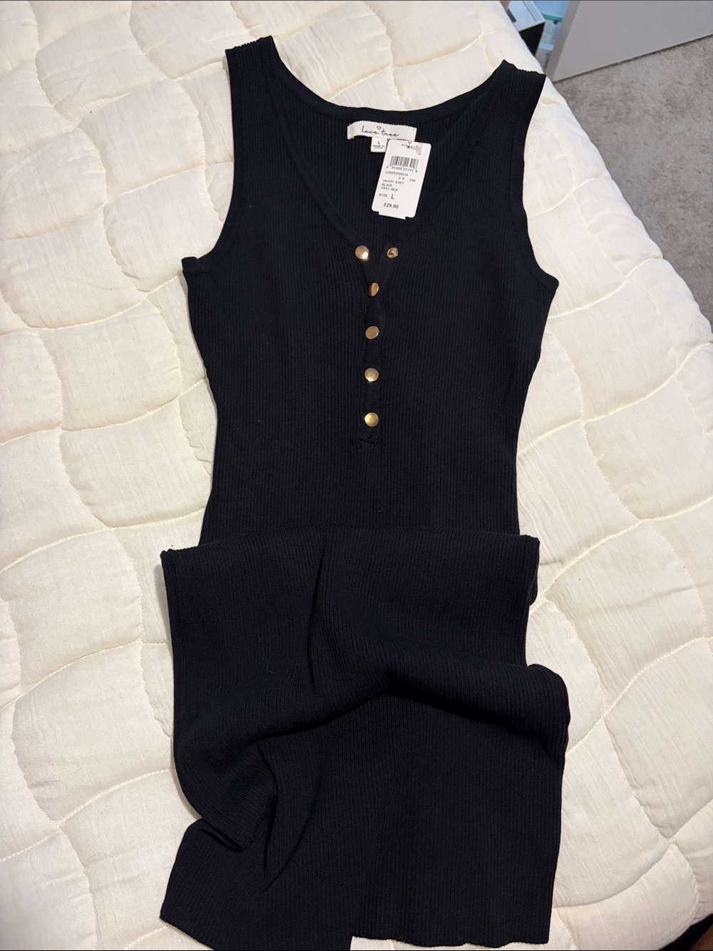 Windsor Black Ribbed Tank Dress with Gold Buttons